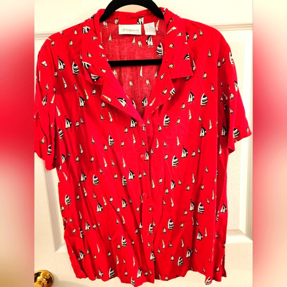 Liz Claiborne Collection, Red Sailboat Print Women's Top, sz 14